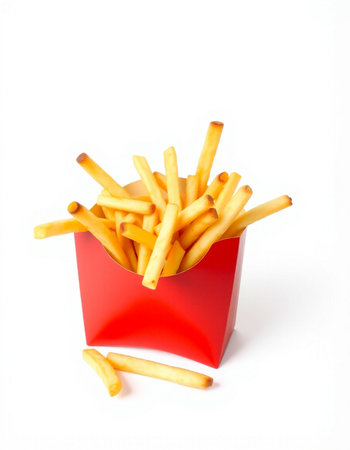 French fries in a red box on a white background. Isolated
