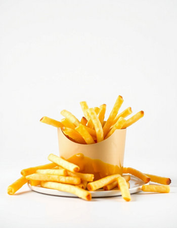 French fries in a paper cup on a white background. Selective focus.
