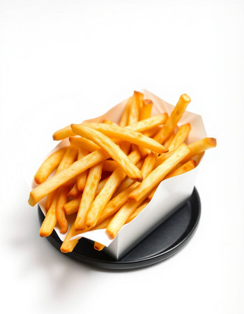 French fries in a box on a white background. Selective focus.
