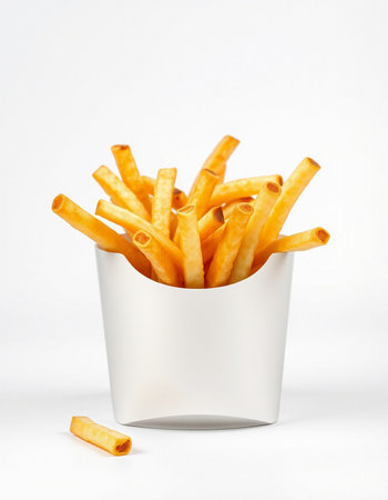 Crispy french fries in a paper box on a white background