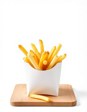 French fries in a paper box on a wooden board isolated on white background