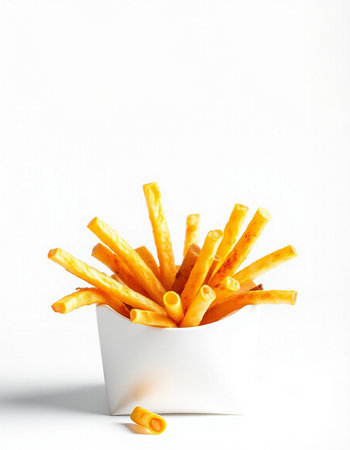 French fries in a white bowl on a white background. Selective focus.の写真素材
