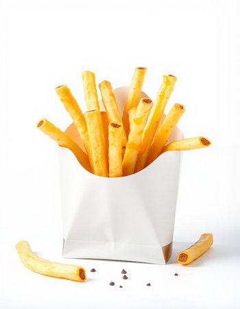 French fries in paper box isolated on white background. Selective focus.