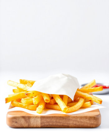 Golden French fries potatoes with ketchup and mayonnaise on white background