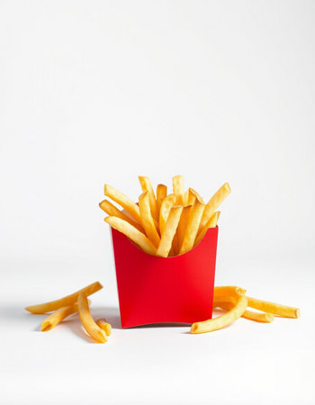 French fries in a red box on a white background, fast foodの写真素材