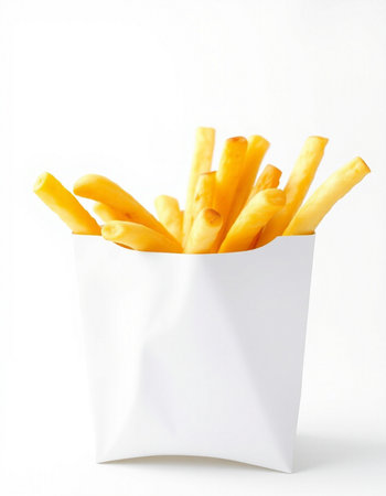 French fries in white paper bag isolated on white background. Selective focus.