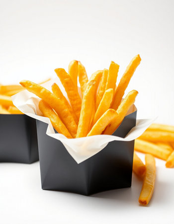 French fries in paper box on white background. Shallow dof.の写真素材