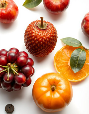 Fruits on a white background. Healthy food. Top view.