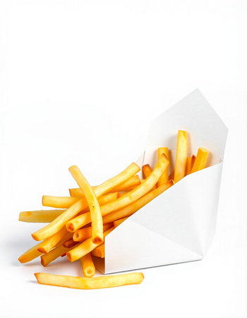 French fries in a white paper envelope on a white background, isolated