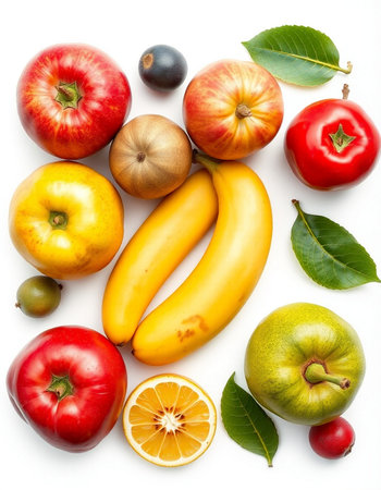 Fruits and vegetables isolated on white background. Flat lay, top view