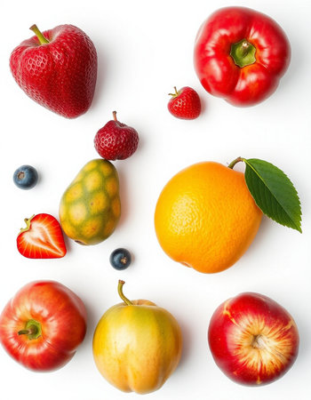 Fruits and vegetables on a white background. Flat lay, top view
