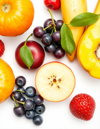 Fresh fruits and berries isolated on white background. Top view. Flat lay.