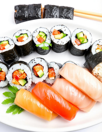 Sushi rolls with salmon, tuna, cucumber, avocado and cream cheeseの写真素材