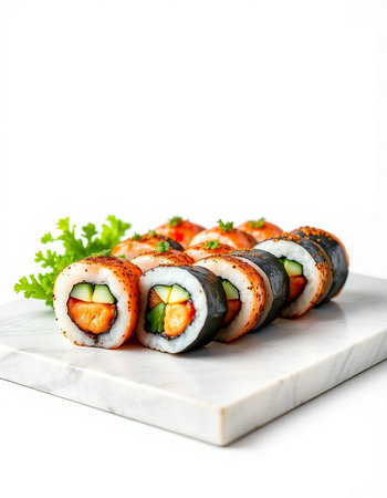 Sushi roll with salmon, cucumber and cream cheese on white backgroundの写真素材