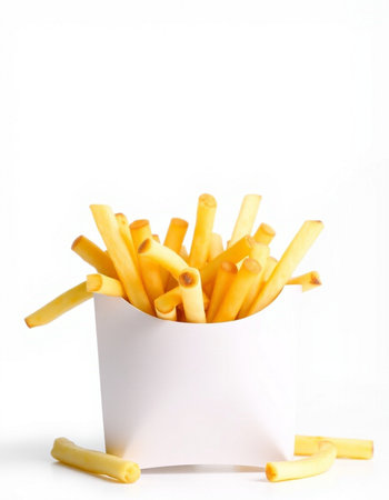 French fries in a white box on a white background. Isolated