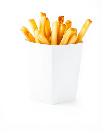French fries in a paper box on a white background. Isolated