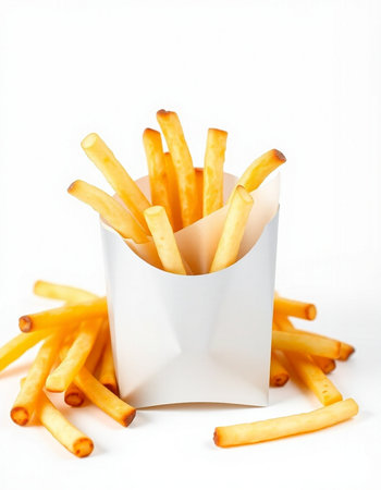 French fries in a paper box on a white background. Fast food