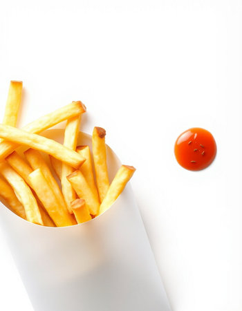 French fries in paper bag isolated on white background. Top view.