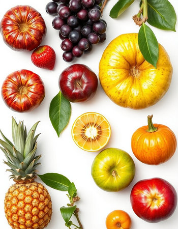collection of fruits isolated on white background. flat lay, top view