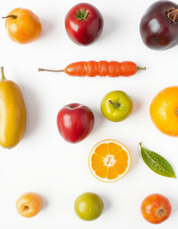 Fruits and vegetables on white background. Flat lay, top viewの写真素材