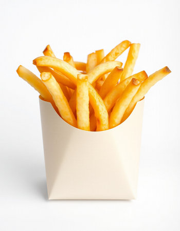 French fries in a paper box on a white background. Fast food.