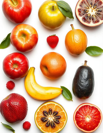 Fruits and vegetables on white background. Flat lay, top viewの写真素材