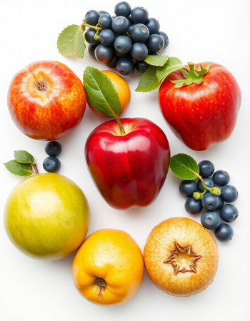 Colorful fruits on white background. Top view. Flat lay.