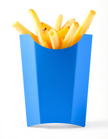 French fries in a blue box on a white background. Isolatedの写真素材