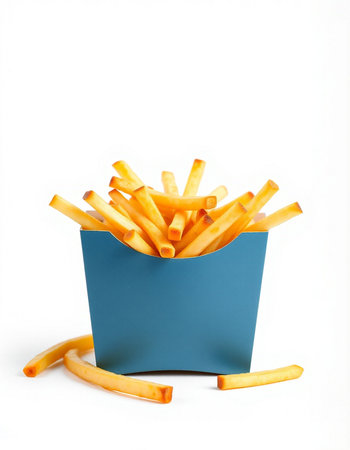 French fries in a blue box on a white background. Isolatedの写真素材