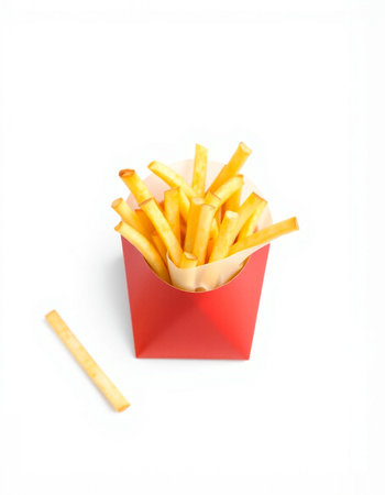 French fries in a red box isolated on white background, top view