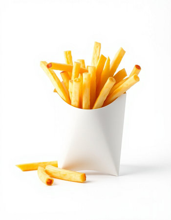 French fries in a white box on a white background. Isolated