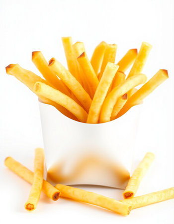 French fries in a paper box on a white background. Selective focus.
