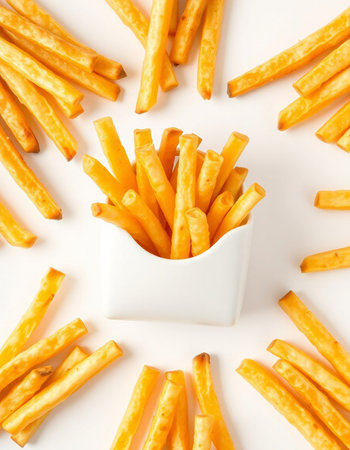 French fries in a white bowl on a white background, top view