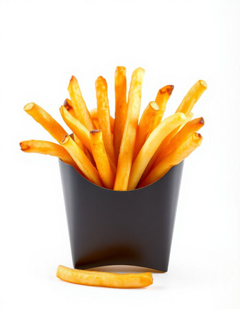 French fries in a black plastic box on a white isolated background.