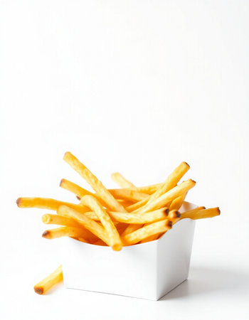 French fries in a white box on a white background. Selective focus.の写真素材