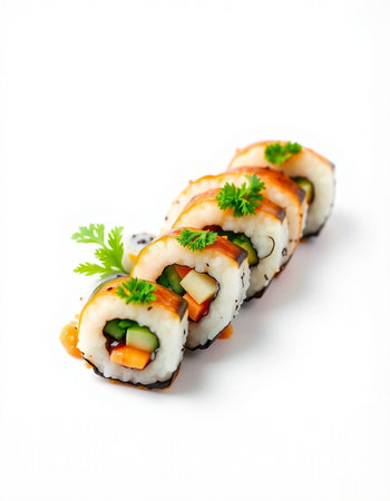Sushi roll with salmon and cucumber isolated on white background.の写真素材