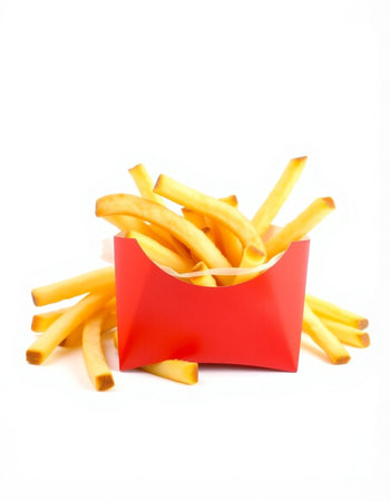 French fries in red box isolated on white background. Fast food.
