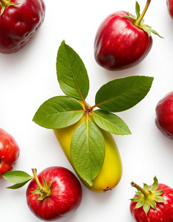Ripe red apples with green leaves on white background, top viewの写真素材