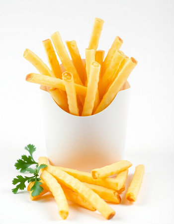 French fries in a white bowl with parsley on a white background