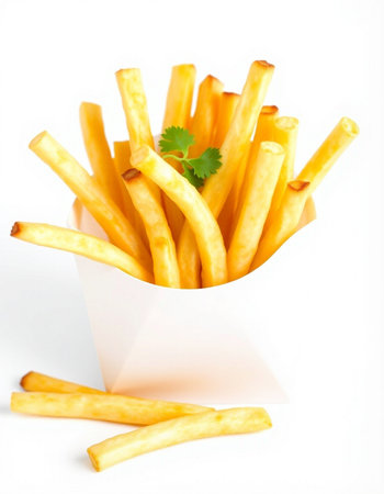 French fries in a white box on a white background, close-up