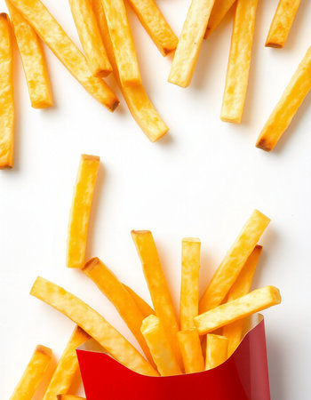 French fries in a red box on a white background, top view
