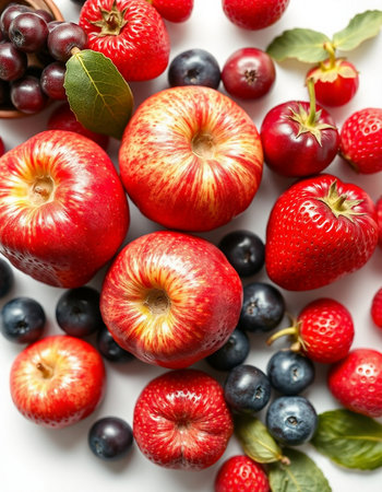 Fruit background. Red apples, blueberries, strawberries, cherries and blackberries
