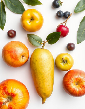 Fruits on a white background. Top view. Flat lay.の写真素材