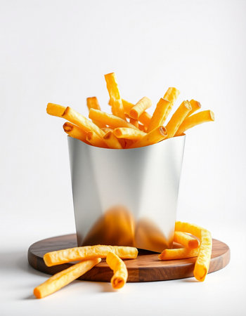 Golden French fries in a tin can on a wooden board on a white backgroundの写真素材