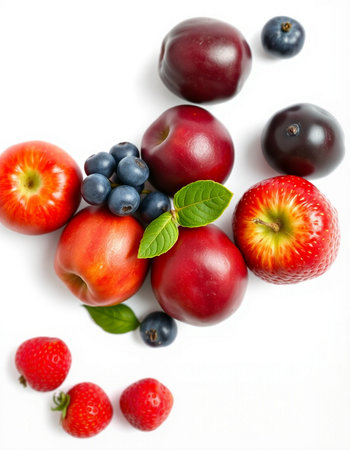 Fruits and berries on a white background. Top view. Flat lay.の写真素材