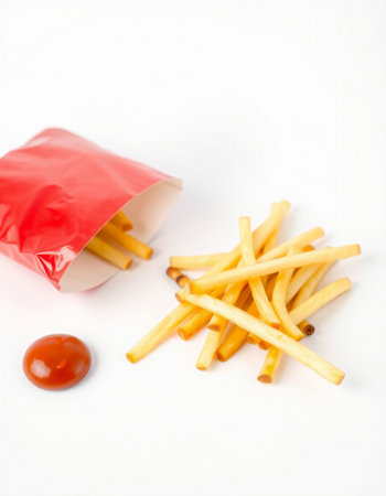 French fries in a red paper bag on a white background, isolatedの写真素材