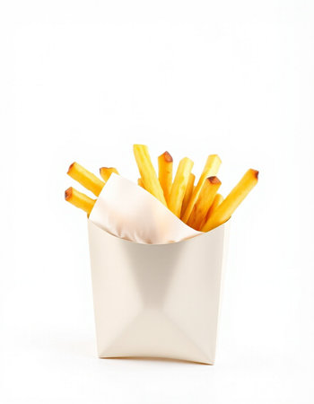 French fries in paper box isolated on white background. Selective focus.
