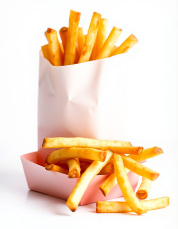 French fries in a paper box on a white background. Selective focus.の写真素材