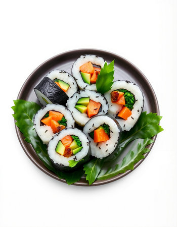 Sushi roll with avocado and cucumber on white backgroundの写真素材
