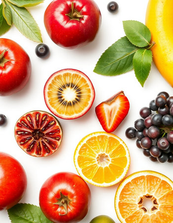 Fruits and berries isolated on white background. Flat lay, top viewの写真素材